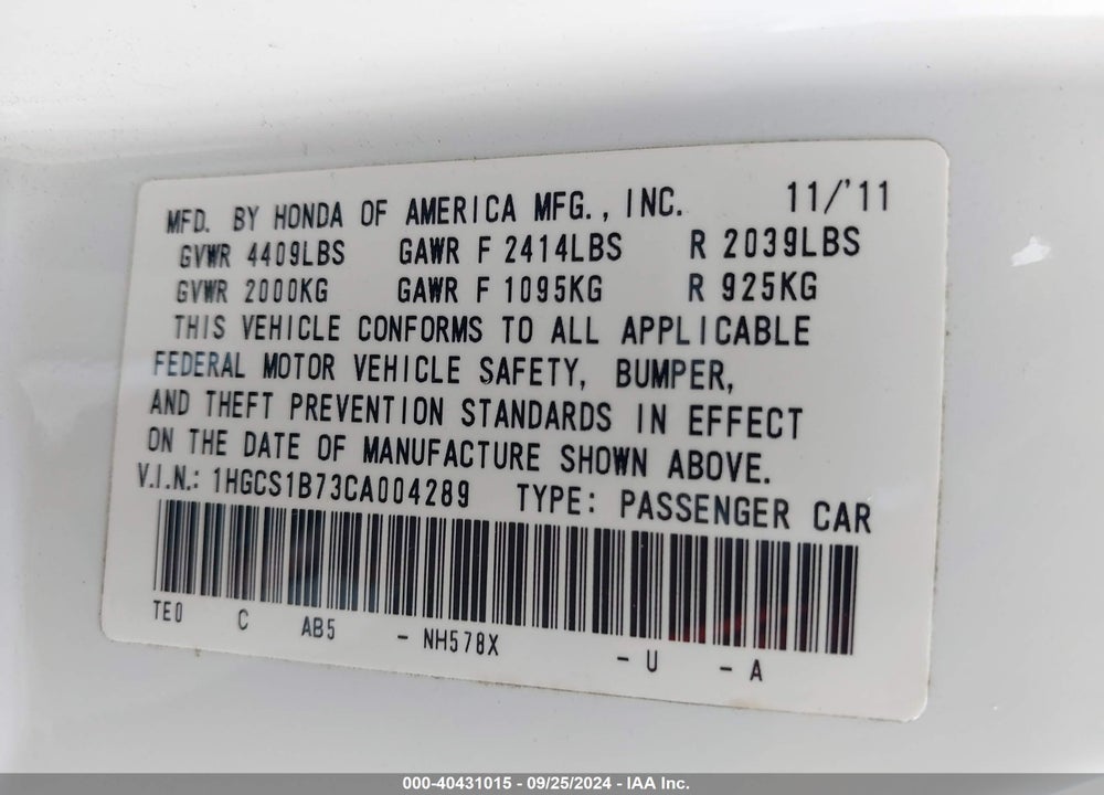 2012 HONDA ACCORD 2.4 EX VIN: 1HGCS1B73CA004289