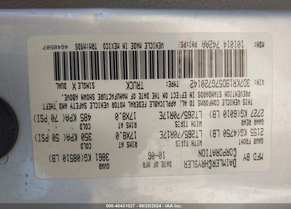 2007 DODGE RAM 1500 SLT VIN: 3D7KR19D57G720142