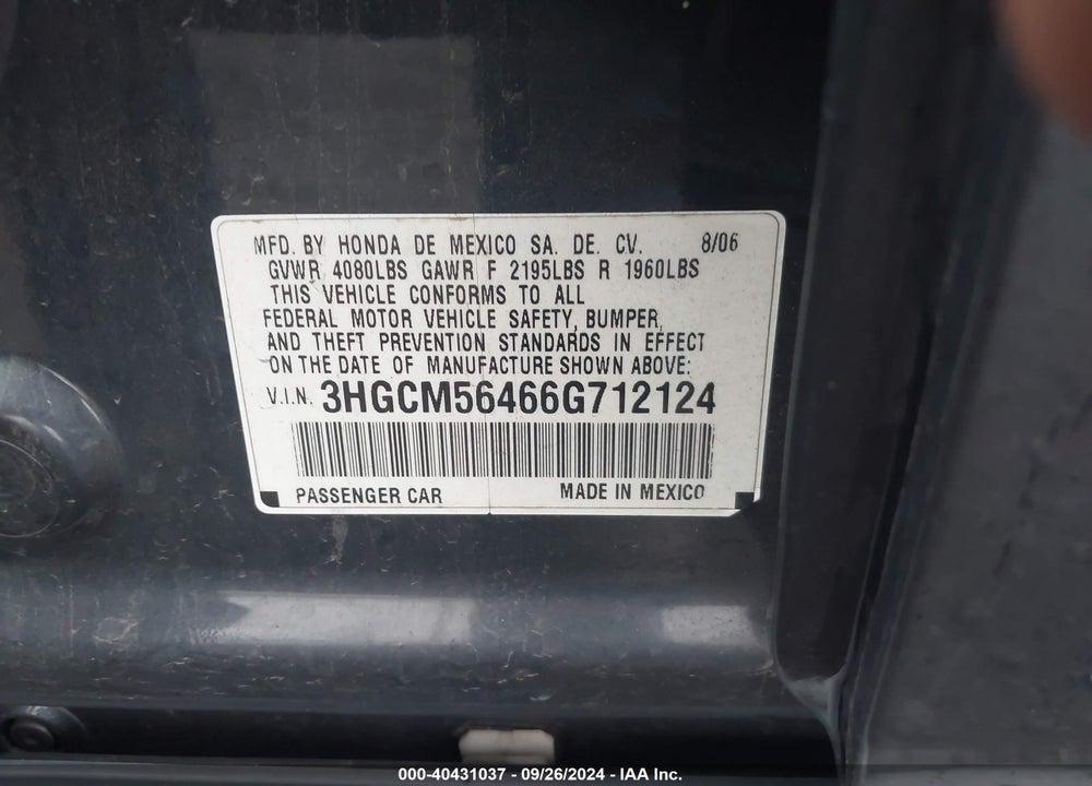 2006 HONDA ACCORD 2.4 LX VIN: 3HGCM56466G712124