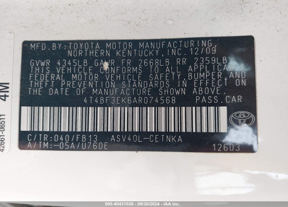 2010 TOYOTA CAMRY LE VIN: 4T4BF3EK6AR074568
