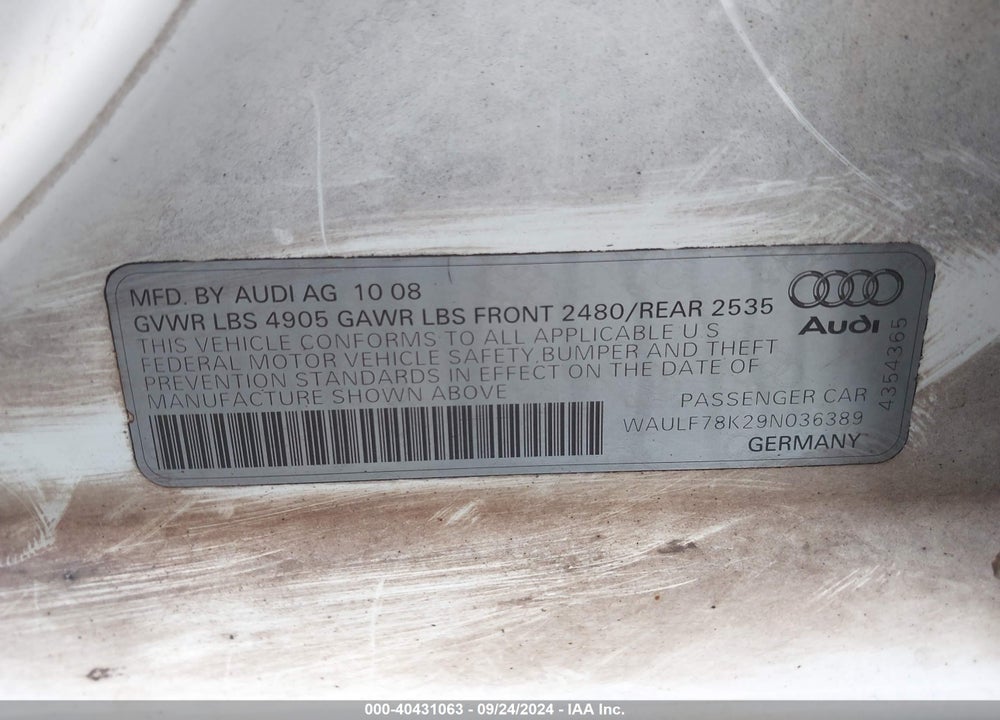 2009 AUDI A4 2.0T PREMIUM VIN: WAULF78K29N036389