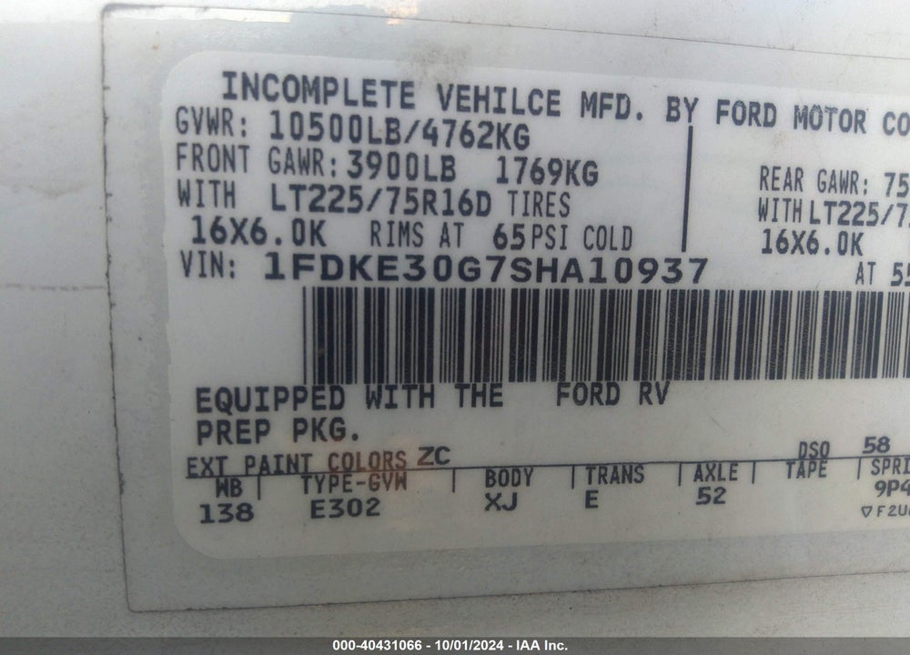 1995 FORD ECONOLINE E350 CUTAWAY VAN VIN: 1FDKE30G7SHA10937