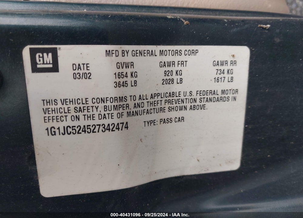 2002 CHEVROLET CAVALIER VIN: 1G1JC524527342474