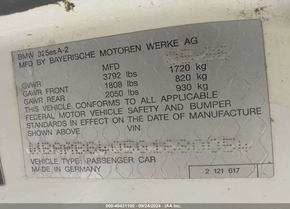 1986 BMW 325 E AUTOMATIC VIN: WBAAB6405G1680054