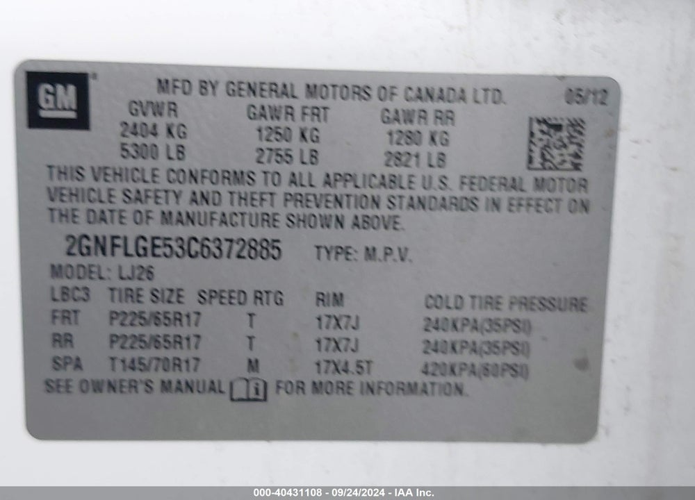 2012 CHEVROLET EQUINOX LTZ VIN: 2GNFLGE53C6372885