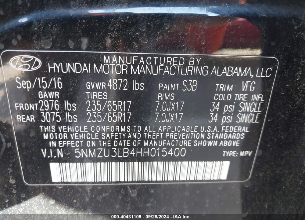 2017 HYUNDAI SANTA FE SPORT 2.4L VIN: 5NMZU3LB4HH015400