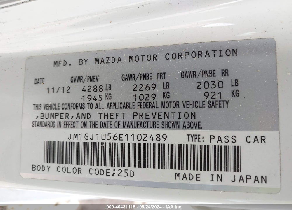 2014 MAZDA 6 I SPORT VIN: JM1GJ1U56E1102489