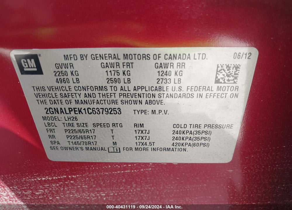 2012 CHEVROLET EQUINOX 2LT VIN: 2GNALPEK1C6379253