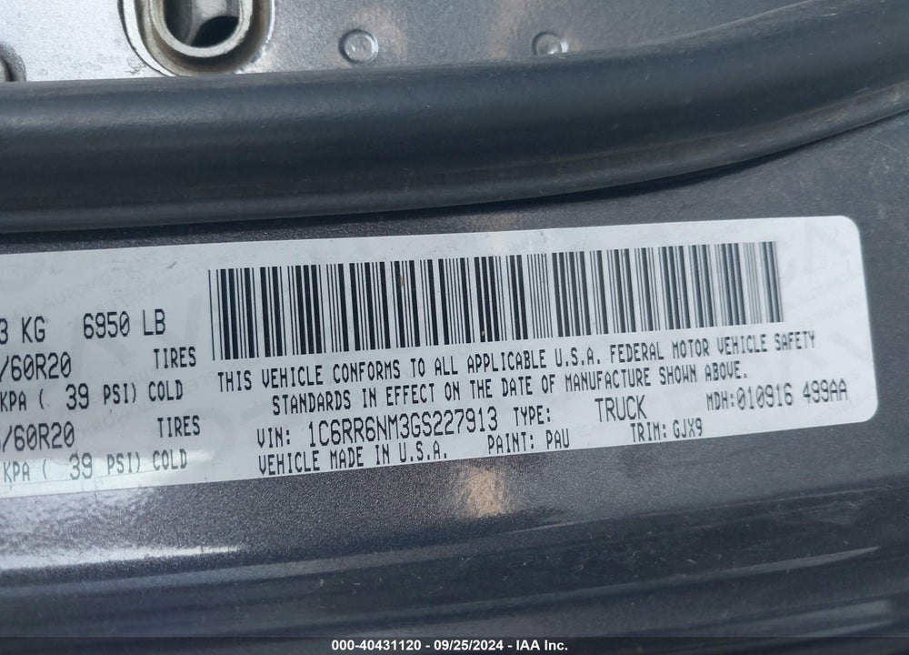 2016 RAM 1500 LAIE VIN: 1C6RR6NM3GS227913
