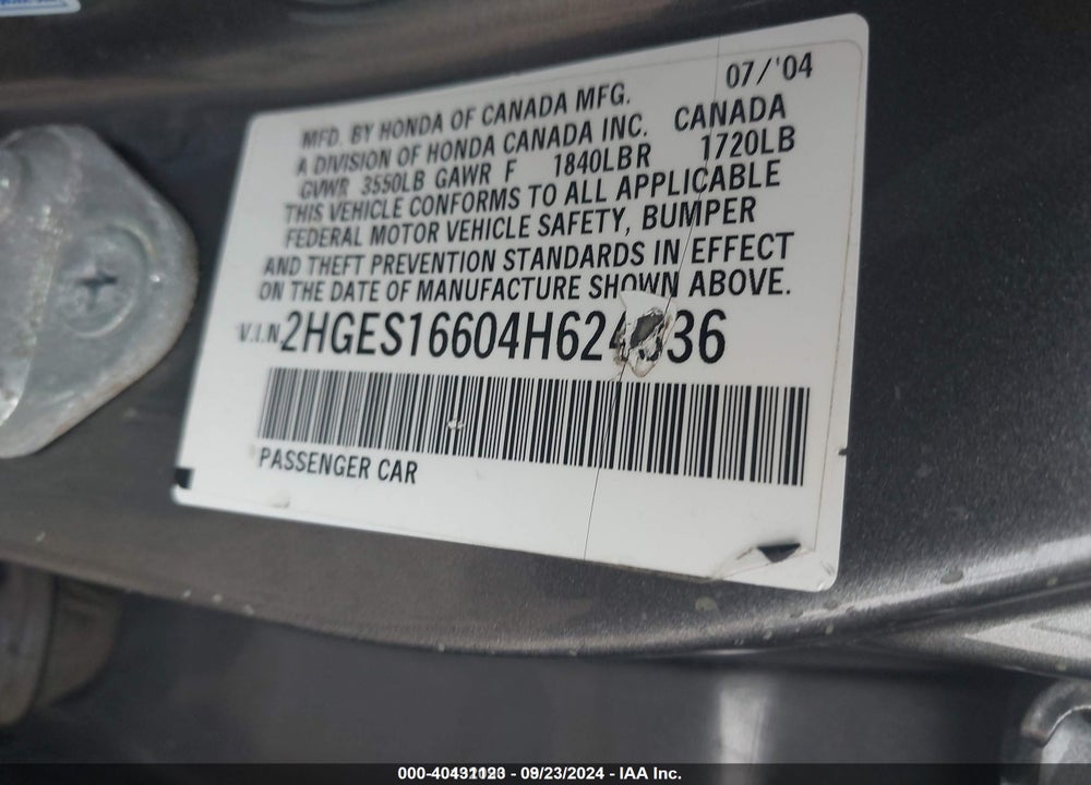 2004 HONDA CIVIC LX VIN: 2HGES16604H624336