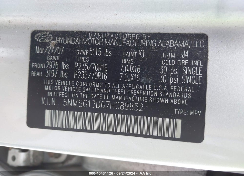 2007 HYUNDAI SANTA FE GLS VIN: 5NMSG13D67H089852