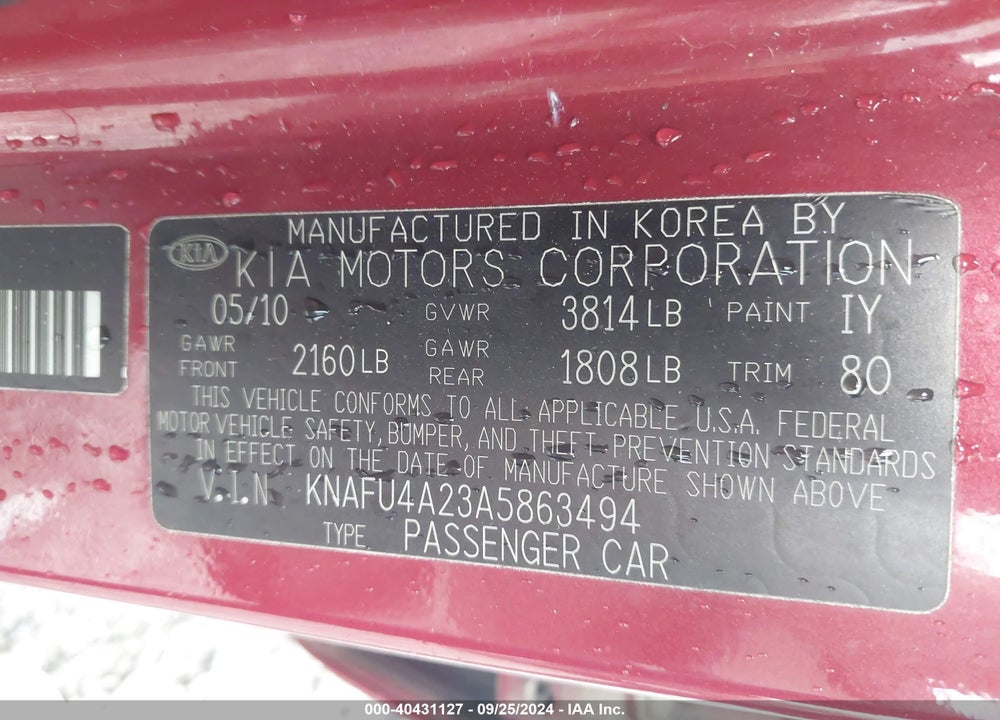 2010 KIA FORTE EX VIN: KNAFU4A23A5863494