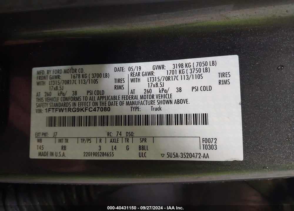 2019 FORD F-150 RAPTOR VIN: 1FTFW1RG9KFC47080