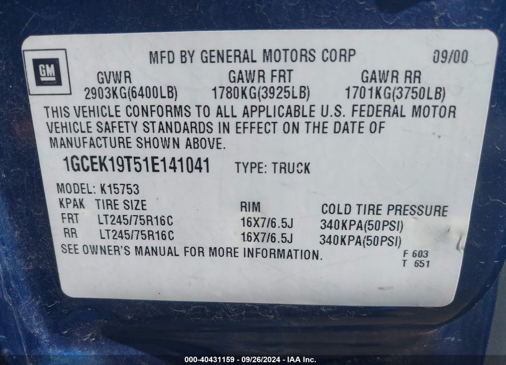 2001 CHEVROLET SILVERADO 1500 LS VIN: 1GCEK19T51E141041