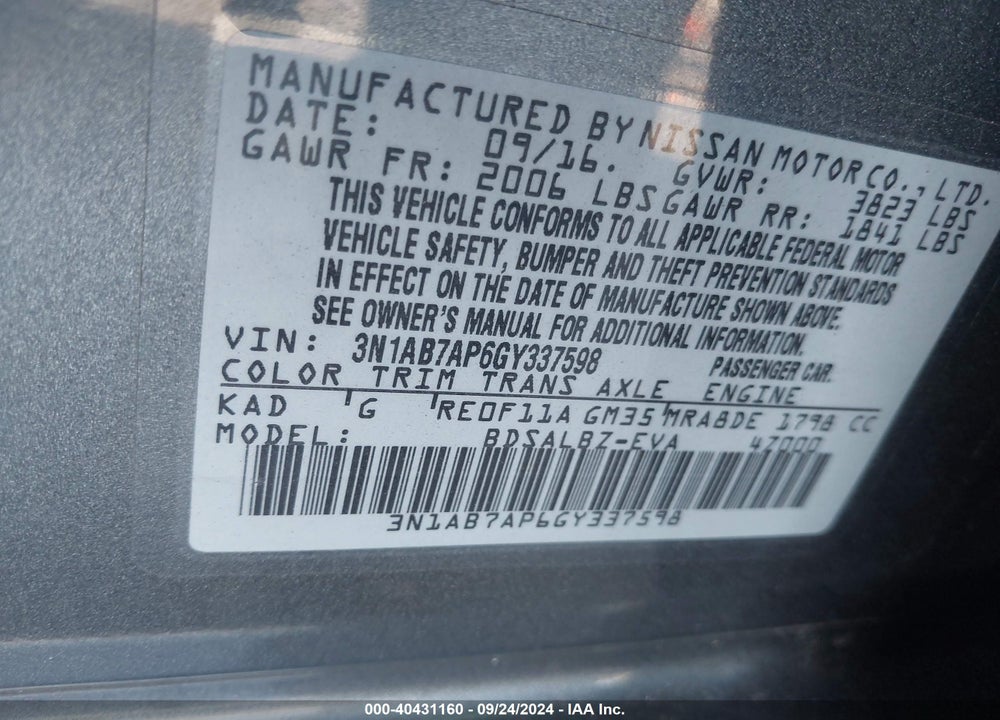 2016 NISSAN SENTRA S VIN: 3N1AB7AP6GY337598