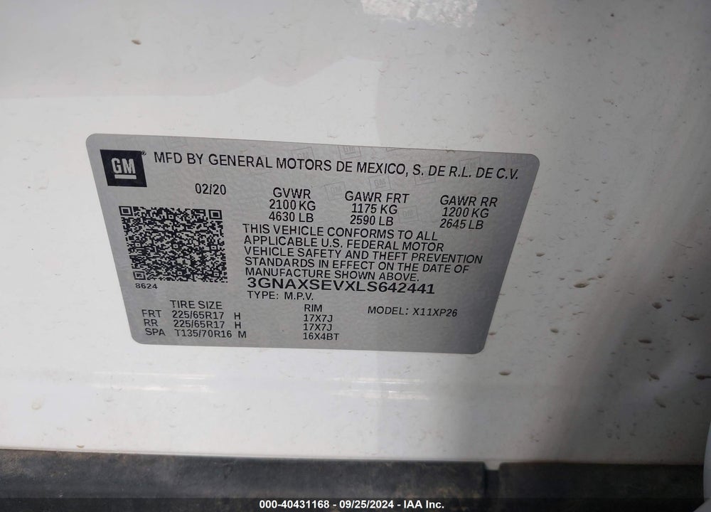 2020 CHEVROLET EQUINOX AWD LS VIN: 3GNAXSEVXLS642441