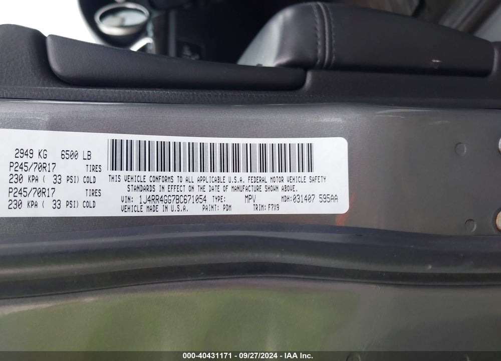 2011 JEEP GRAND CHEROKEE LAREDO VIN: 1J4RR4GG7BC671054