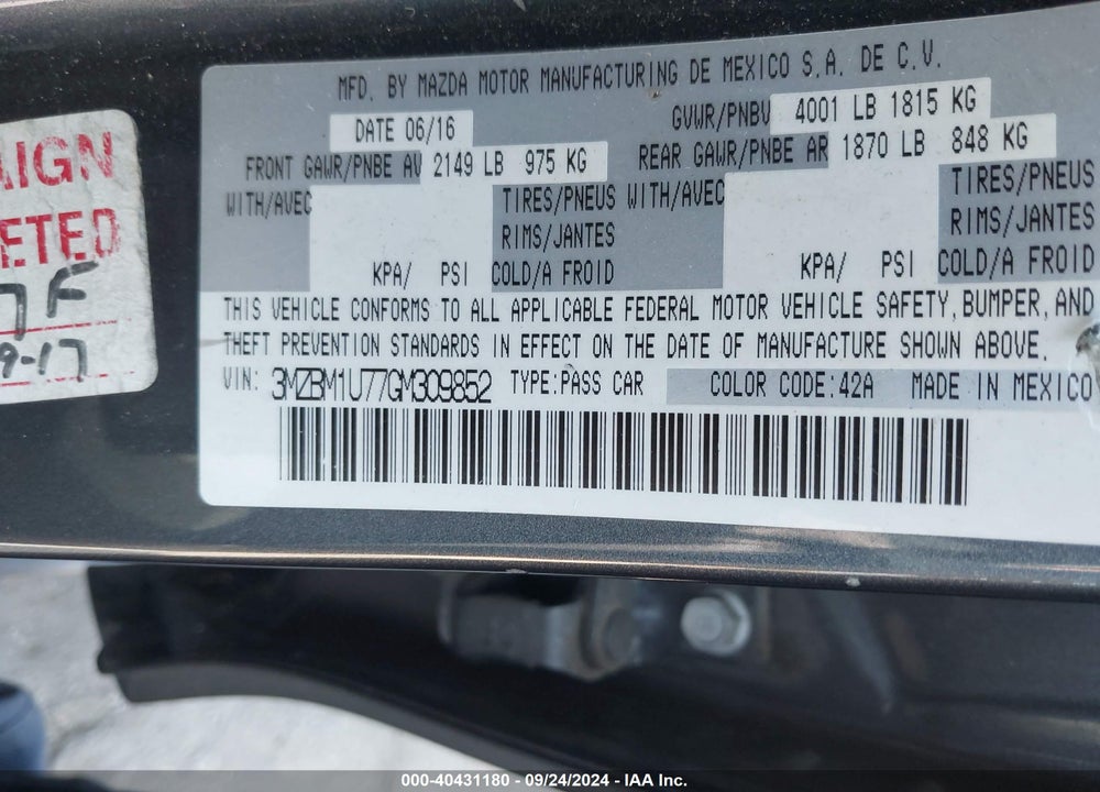 2016 MAZDA 3 I SPORT VIN: 3MZBM1U77GM309852