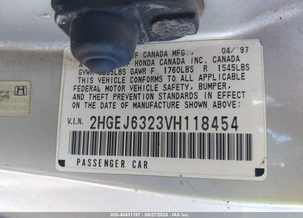 1997 HONDA CIVIC CX VIN: 2HGEJ6323VH118454