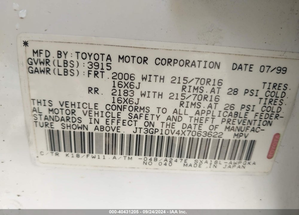 1999 TOYOTA RAV4 VIN: JT3GP10V4X7063622