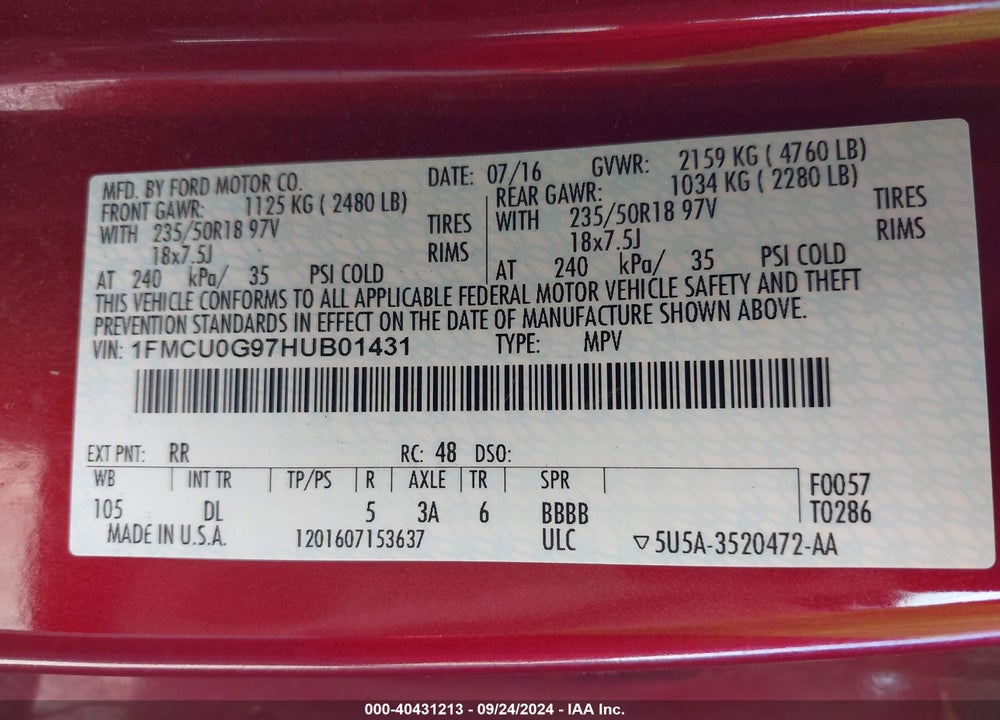 2017 FORD ESCAPE SE VIN: 1FMCU0G97HUB01431