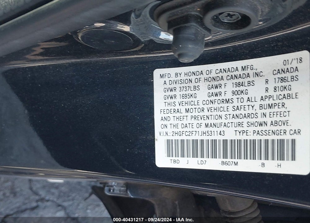 2018 HONDA CIVIC EX VIN: 2HGFC2F71JH531143