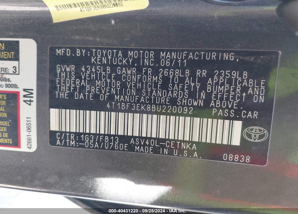 2011 TOYOTA CAMRY LE VIN: 4T1BF3EK8BU220092