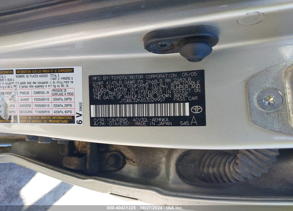 2005 TOYOTA CAMRY STD/ VIN: JTDBE32K653029907