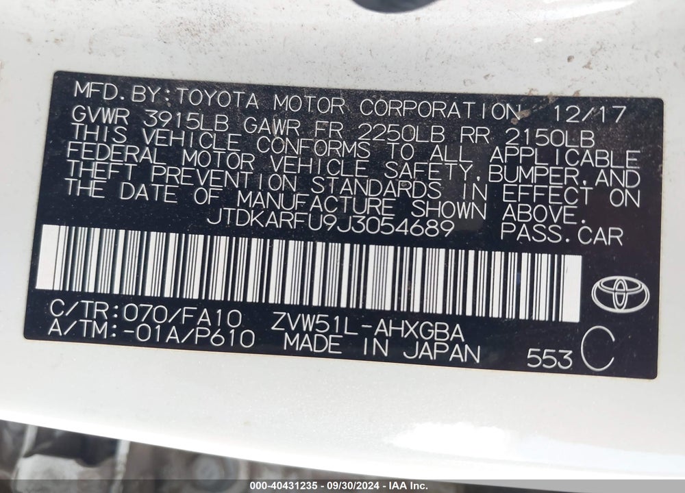 2018 TOYOTA PRIUS THREE VIN: JTDKARFU9J3054689