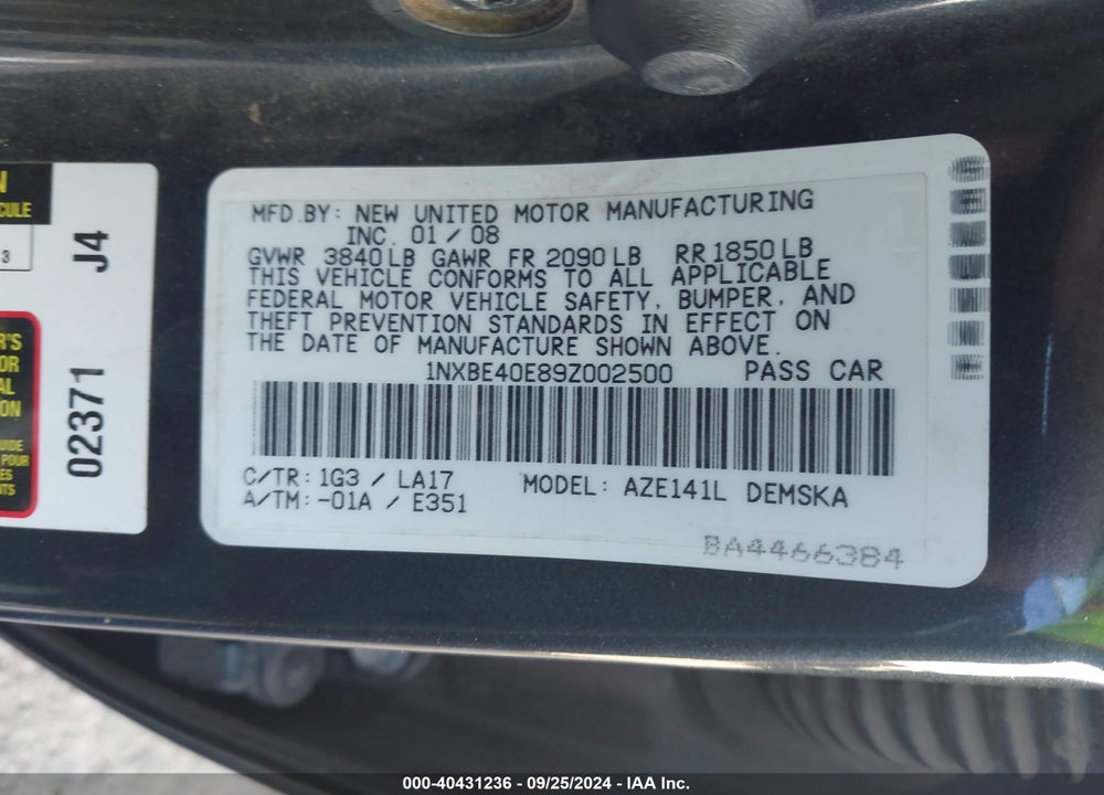 2009 TOYOTA COROLLA XRS VIN: 1NXBE40E89Z002500