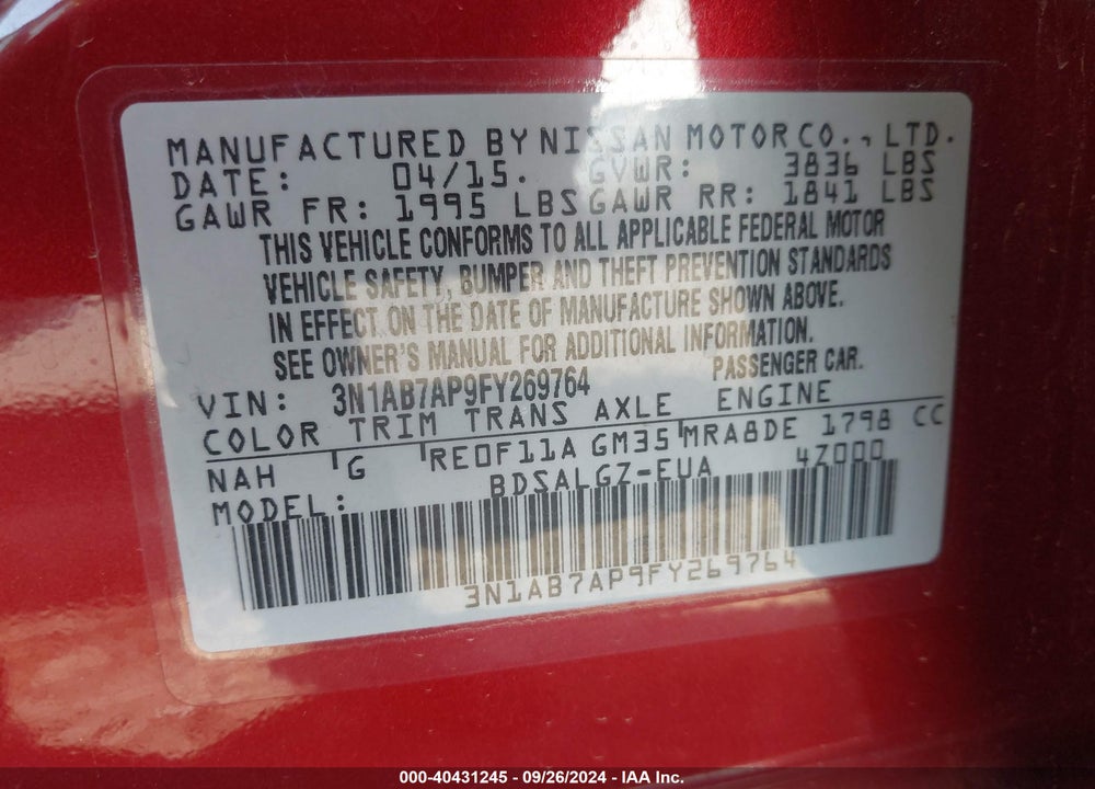 2015 NISSAN SENTRA SL VIN: 3N1AB7AP9FY269764