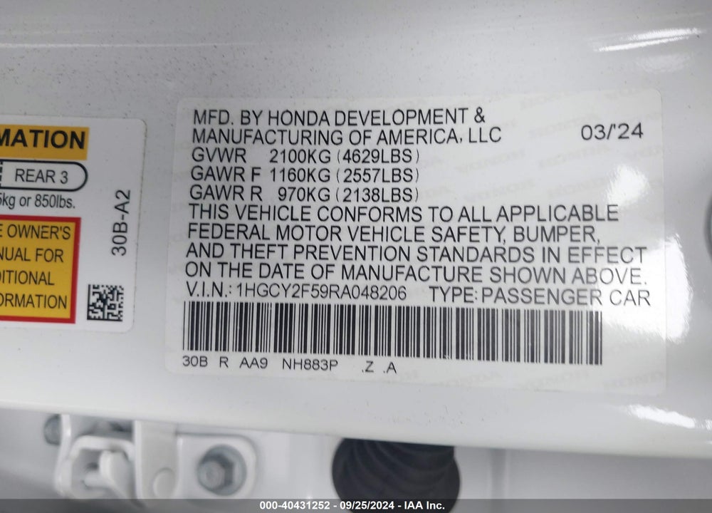 2024 HONDA ACCORD HYBRID SPORT VIN: 1HGCY2F59RA048206