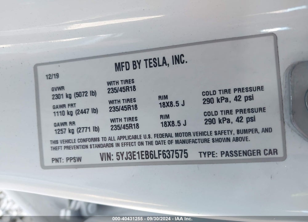 2020 TESLA MODEL 3 LONG RANGE DUAL MOTOR ALL-WHEEL DRIVE VIN: 5YJ3E1EB6LF637575