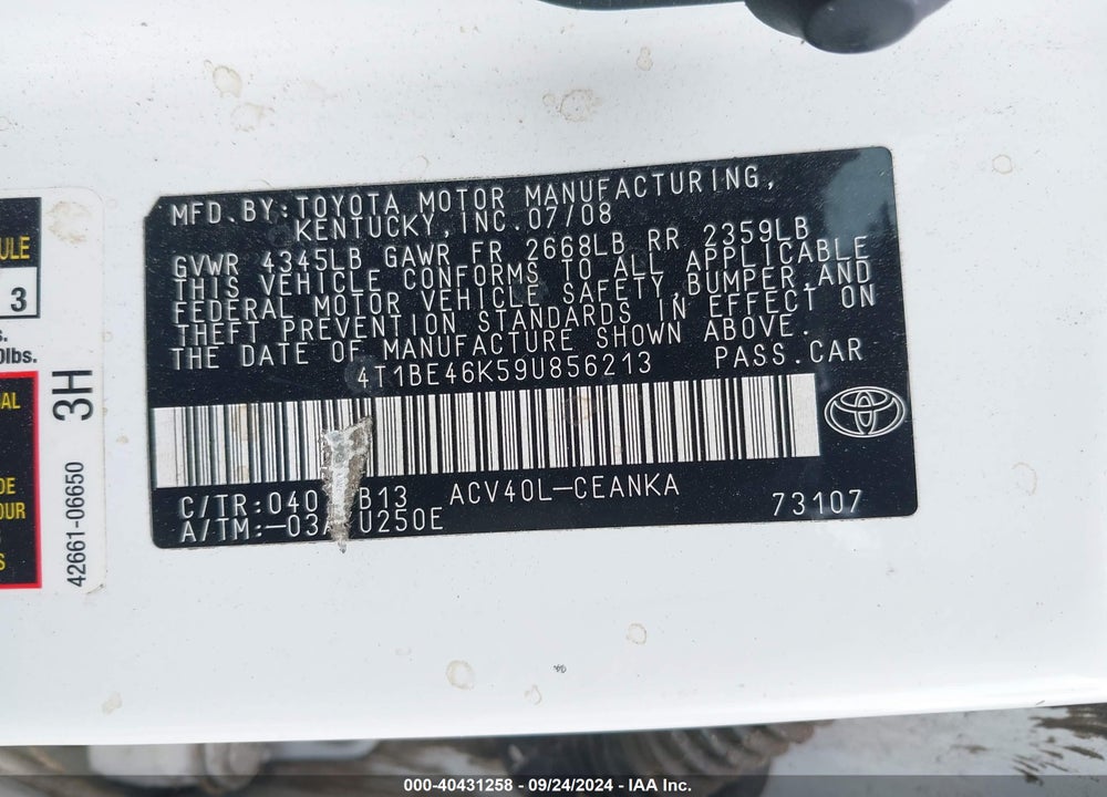2009 TOYOTA CAMRY LE VIN: 4T1BE46K59U856213