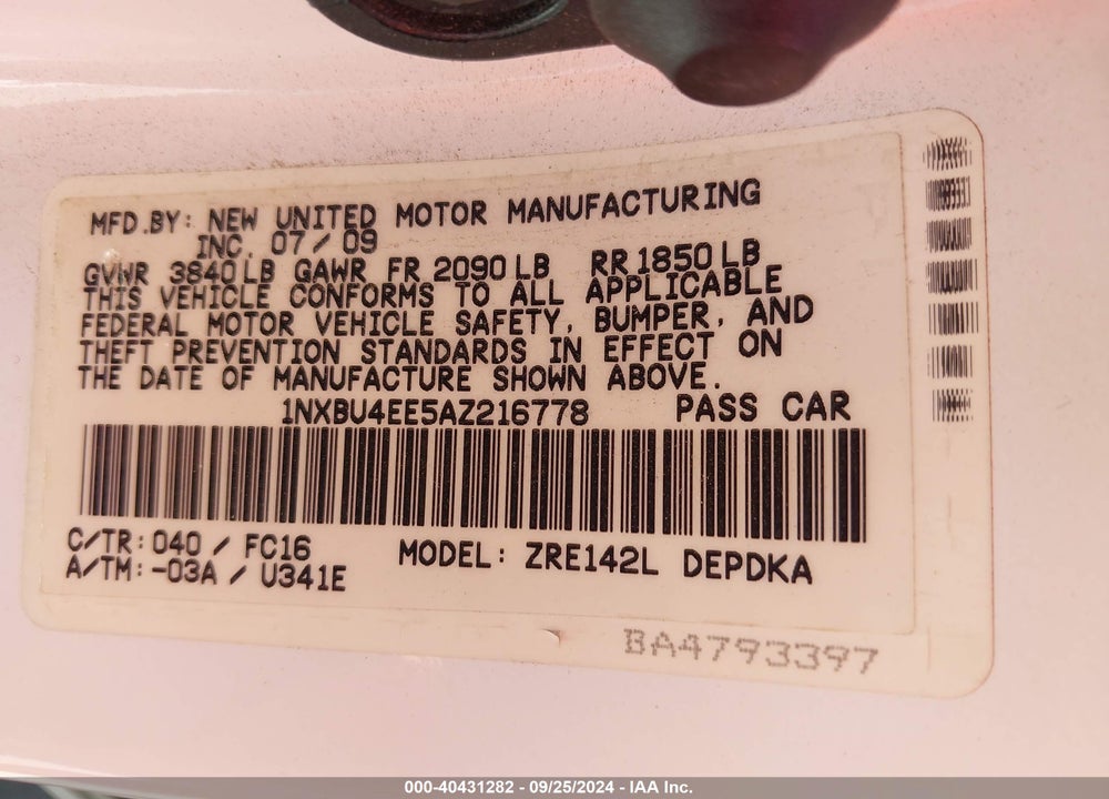 2010 TOYOTA COROLLA LE VIN: 1NXBU4EE5AZ216778