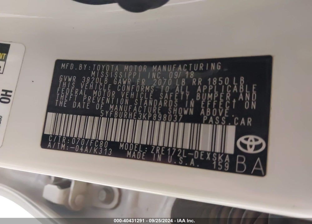 2019 TOYOTA COROLLA SE VIN: 5YFBURHE3KP898037