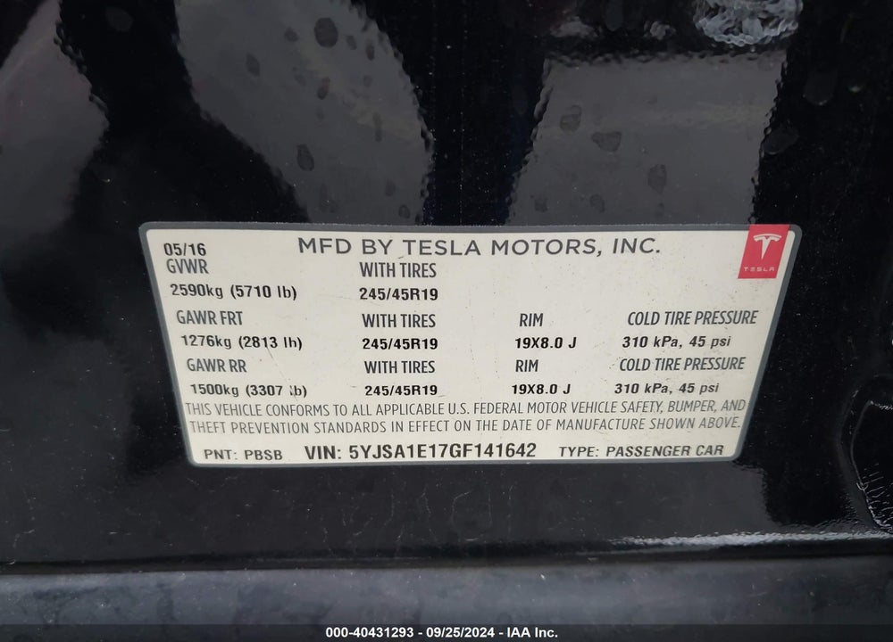 2016 TESLA MODEL S 60/70/75/85 VIN: 5YJSA1E17GF141642