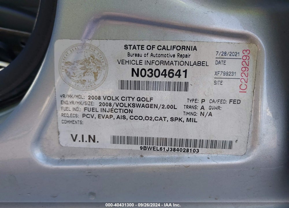 2008 VOLKSWAGEN CITY GOLF VIN: 9BWEL61J384028103