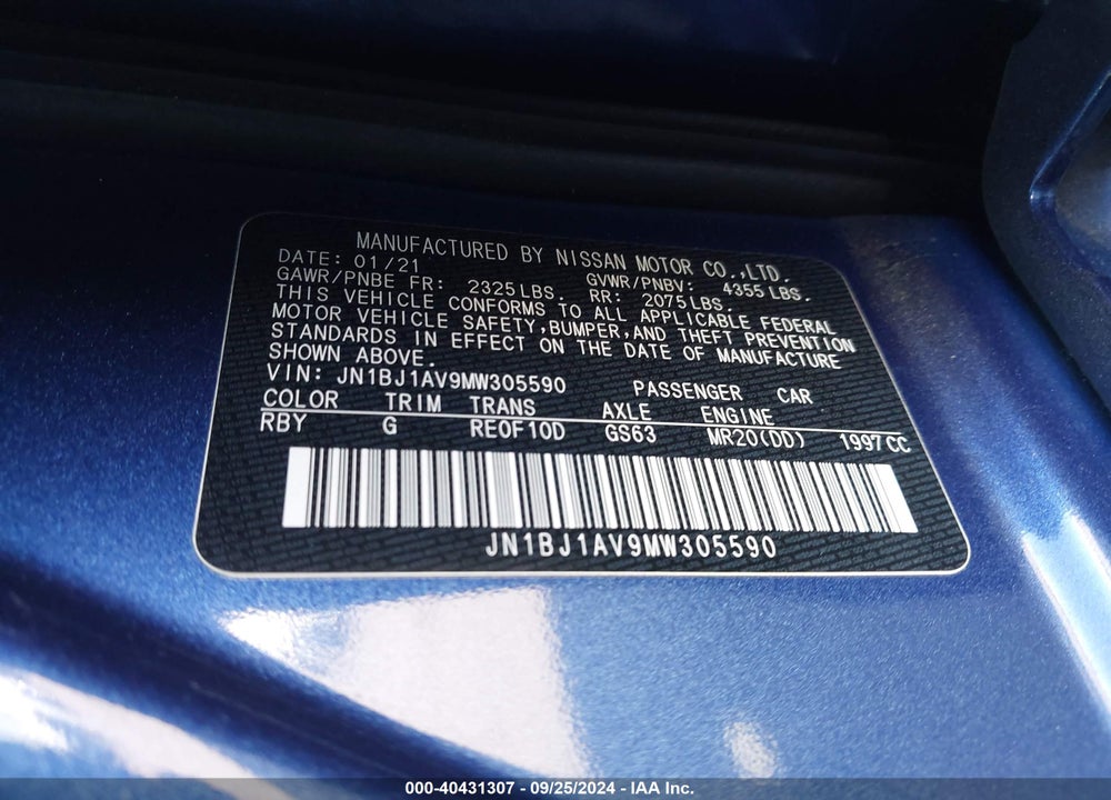 2021 NISSAN ROGUE SPORT S FWD XTRONIC CVT VIN: JN1BJ1AV9MW305590