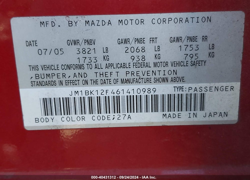 2006 MAZDA 3 I VIN: JM1BK12F461410989
