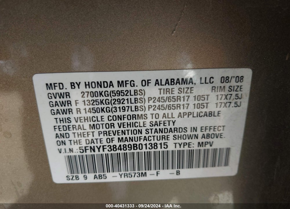 2009 HONDA PILOT EX VIN: 5FNYF38489B013815