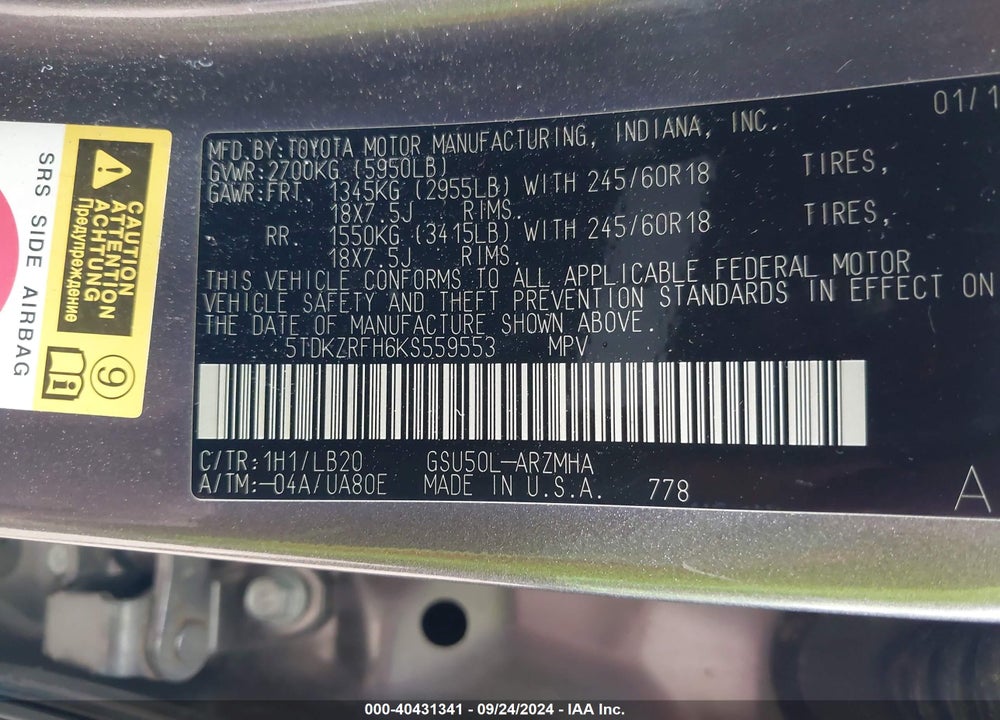 2019 TOYOTA HIGHLANDER XLE VIN: 5TDKZRFH6KS559553