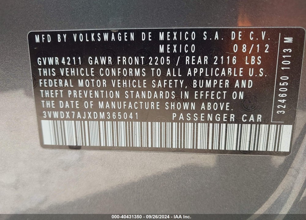 2013 VOLKSWAGEN JETTA 2.5L SE VIN: 3VWDX7AJXDM365041