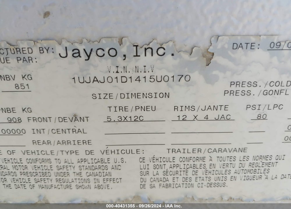 2004 JAYCO TRAVEL VIN: 1UJAJ01D1415U0170