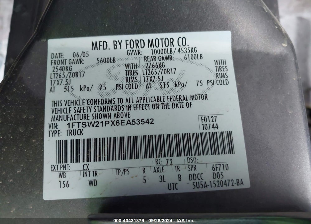 2006 FORD F-250 VIN: 1FTSW21PX6EA53542