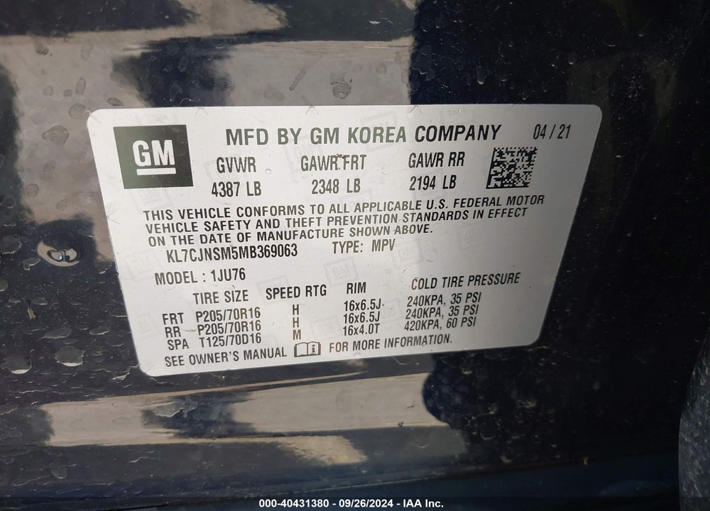2021 CHEVROLET TRAX AWD LS VIN: KL7CJNSM5MB369063