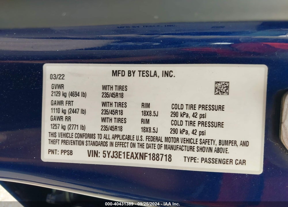 2022 TESLA MODEL 3 VIN: 5YJ3E1EAXNF188718
