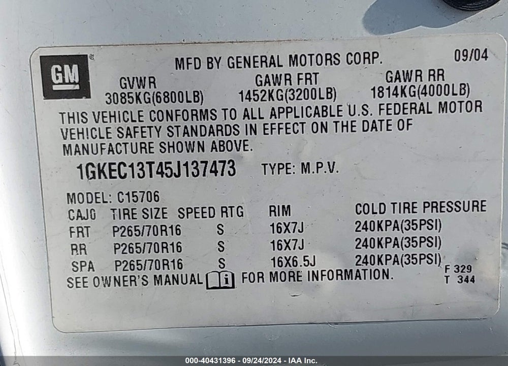 2005 GMC YUKON SLE VIN: 1GKEC13T45J137473