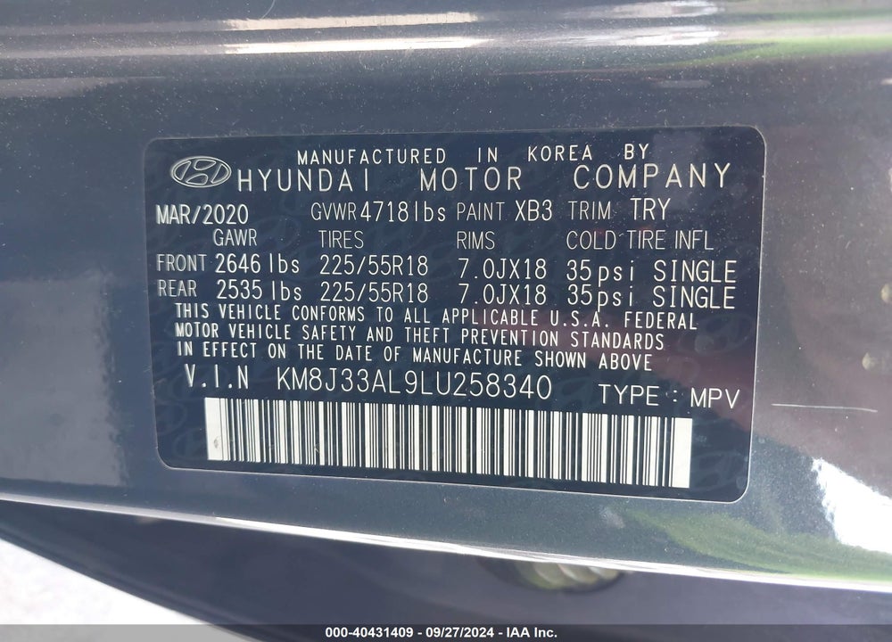 2020 HYUNDAI TUCSON ULTIMATE VIN: KM8J33AL9LU258340