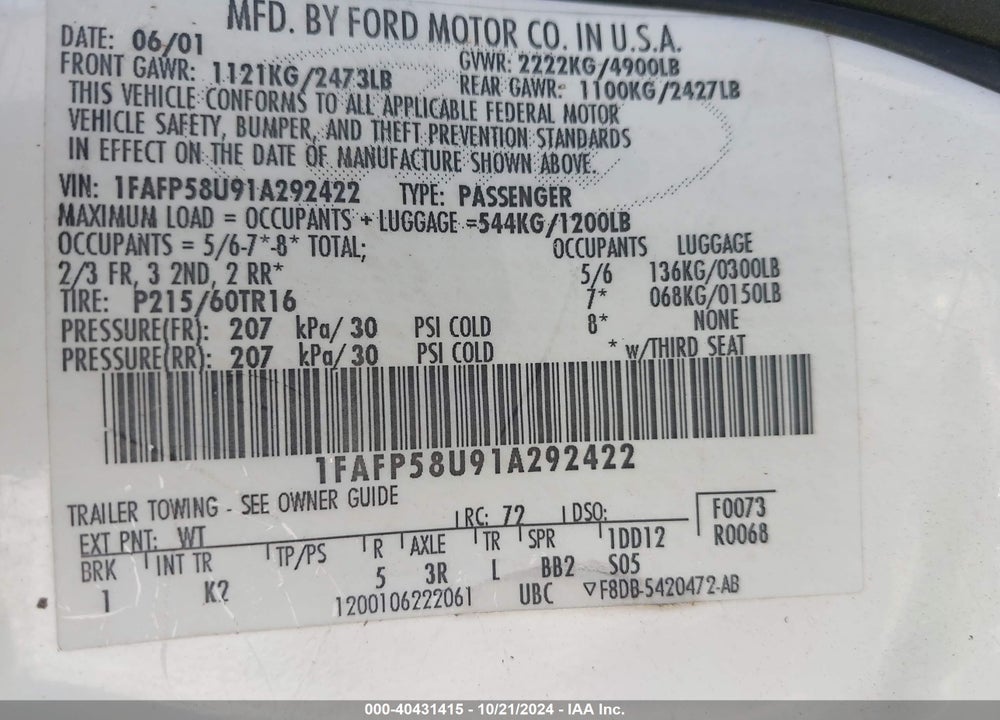 2001 FORD TAURUS SE VIN: 1FAFP58U91A292422